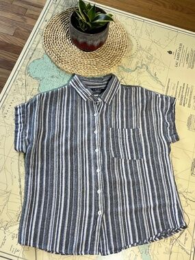 Vintage Vertical Stripe Button Up Short Sleeve Shirt